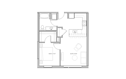 Floor plan for 1 bed, 1 bath, 665 sqft
